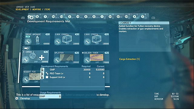 The abovementioned restriction for heavier equipment can be remedied by R&D at the Mother Base - How does the Fulton work (sending people and equipment with the balloon) and what is it good for? | FAQ - Frequently Asked Questions - FAQ - Frequently Asked Questions - Metal Gear Solid V: The Phantom Pain Game Guide & Walkthrough