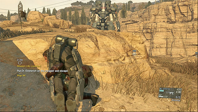 Hide behind rocks, on a small hill - Escaping Metal Gear Sahelanthropus | Walkthrough - Mission 12 - Hellbound - Metal Gear Solid V: The Phantom Pain Game Guide & Walkthrough