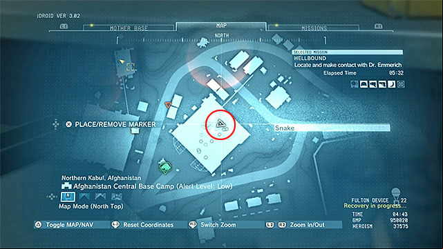 The blueprint (BAMBETOV SV) is inside one of the hangars in the center of Afghanistan Central Base Camp - the location has been marked in the above screenshot - Remaining Hellbound - secondary mission objectives | Walkthrough - Mission 12 - Hellbound - Metal Gear Solid V: The Phantom Pain Game Guide & Walkthrough
