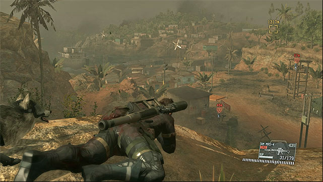 If you decided to cross the village, watch out for the large numbers of enemies. - Reaching the oilfield | Walkthrough - Mission 13 - Pitch Dark - Metal Gear Solid V: The Phantom Pain Game Guide & Walkthrough