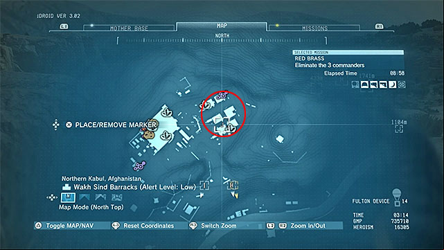 The main location of the second commander is Wakh Sind Barracks, but right after the mission starts, he will go to Da Wialo Kallai to meet the rest of the officers - Locating the three commanders | Walkthrough - Mission 7 - Red Brass - Metal Gear Solid V: The Phantom Pain Game Guide & Walkthrough