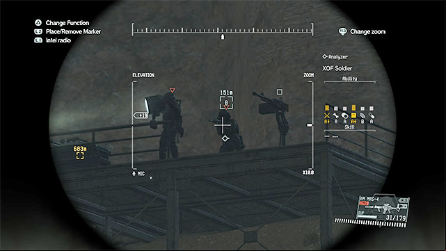 The first sniper is located on the balcony, next to a searchlight. - Infiltrating the OKB Zero base | Walkthrough - Mission 30 - Skull Face - Metal Gear Solid V: The Phantom Pain Game Guide & Walkthrough