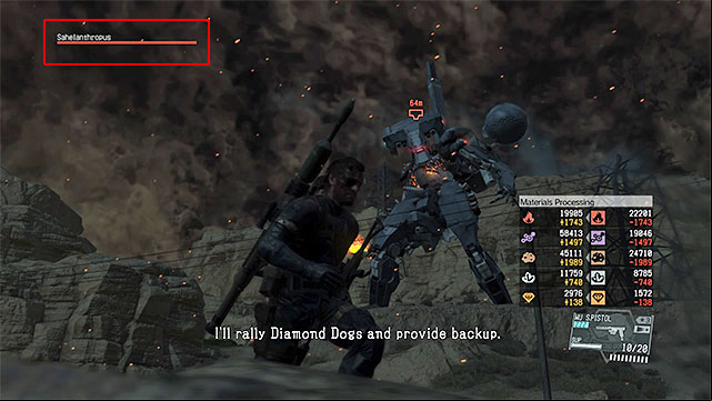 Sahelanthropus health bar can be found in the upper left corner of the screen. - How to defeat Sahelanthropus? | Walkthrough - Mission 31 - Sahelanthropus - Metal Gear Solid V: The Phantom Pain Game Guide & Walkthrough
