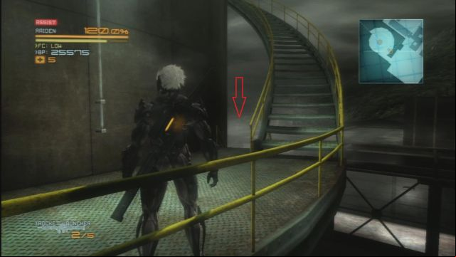 Climb up, go across the door and, before you go up, climb down the stairs (the above screenshot), where you will find a VRM computer (4/4) - R-01 Coup dEtat - The Main Campaign - walkthrough - Metal Gear Rising: Revengeance - Game Guide and Walkthrough