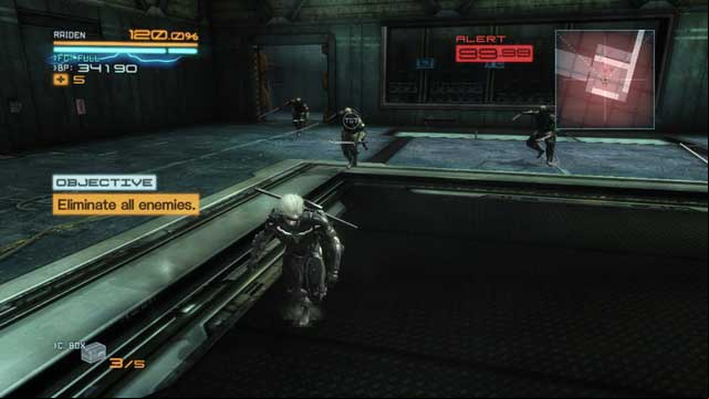 There will soon be a lefty dashing out of the room ahead. - R-02 Research Facility - The Main Campaign - walkthrough - Metal Gear Rising: Revengeance - Game Guide and Walkthrough