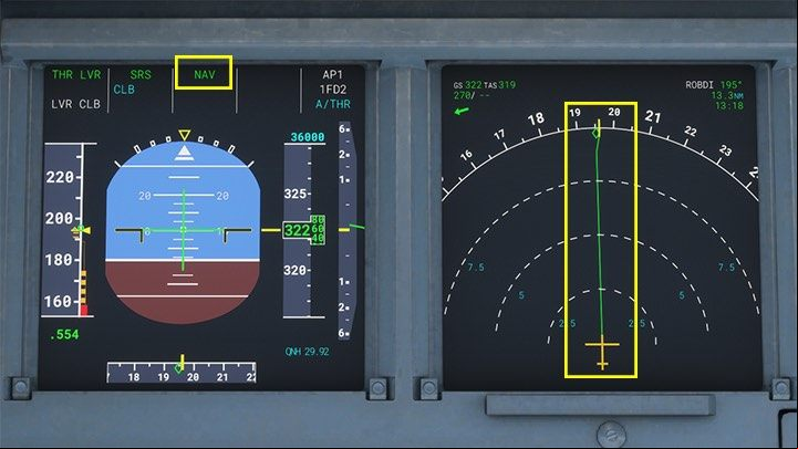 The Autopilot is indicated by the glowing green inscription NAV on the PFD screen - Microsoft Flight Simulator: Autopilot in a enger aircraft - enger aircraft - Microsoft Flight Simulator 2020 Guide