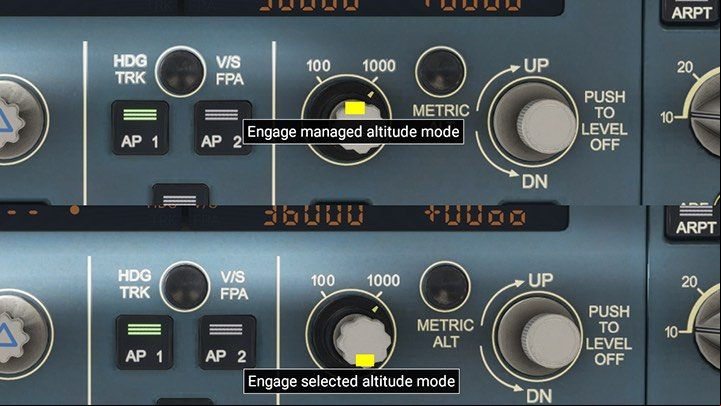 Depending on whether you click a little higher or a little lower on the button, the managed or selected height mode is activated - Microsoft Flight Simulator: Autopilot in a enger aircraft - enger aircraft - Microsoft Flight Simulator 2020 Guide