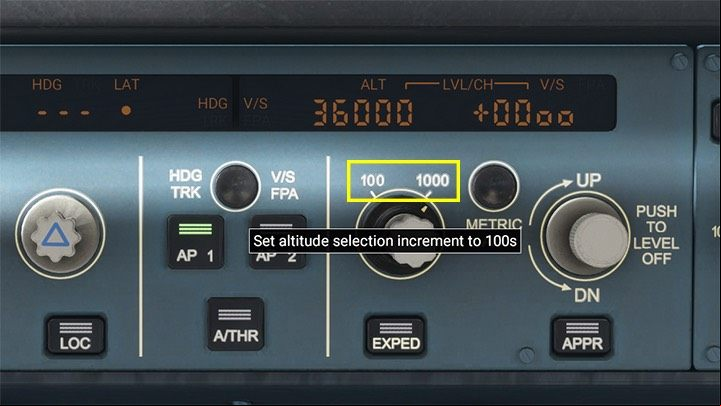 Clicking on the button perimeter sets the knob to adjust altitude every 100 or every 1,000 feet - Microsoft Flight Simulator: Autopilot in a enger aircraft - enger aircraft - Microsoft Flight Simulator 2020 Guide