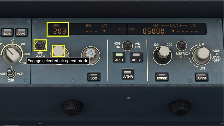 Specific speed selection mode SPD is useful when approaching a landing, when the autopilot is already descending the path, and the aircraft can not exceed a certain speed to safely touch the runway - Microsoft Flight Simulator: Autopilot in a enger aircraft - enger aircraft - Microsoft Flight Simulator 2020 Guide