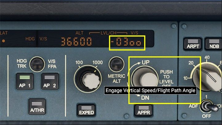 Vertical Speed mode VS is a mode that allows you to set a specific speed of ascent (if vs is positive) or descent (if vs is negative) in feet per minute - Microsoft Flight Simulator: Autopilot in a enger aircraft - enger aircraft - Microsoft Flight Simulator 2020 Guide