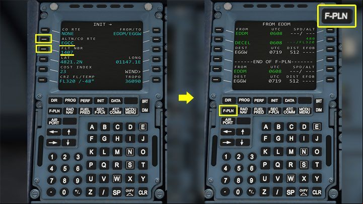 On the first page INIT you can still possibly change your flight number FLT NBR, although it has only cosmetic significance and a backup airport ALTN - in this case, the flight plan chose Manchester Airport with the code EGCC and such letters were entered into the MCDU - Microsoft Flight Simulator: How to program MCDU on-board computer? - enger aircraft - Microsoft Flight Simulator 2020 Guide
