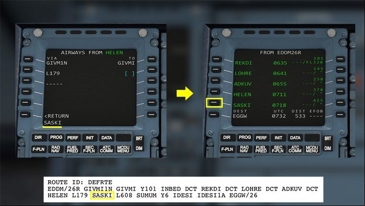 Unfortunately, the point SASKI is not recognized on route l179, so it should be entered directly from the plan screen, like all previous points - Microsoft Flight Simulator: How to program MCDU on-board computer? - enger aircraft - Microsoft Flight Simulator 2020 Guide