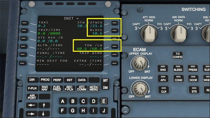 Here you should check and confirm the distribution of the center of gravity - the number ZFWCG, that is, zero Fuel Center of Gravity, the amount of fuel BLOCK and the total mass TOW - Microsoft Flight Simulator: How to program MCDU on-board computer? - enger aircraft - Microsoft Flight Simulator 2020 Guide