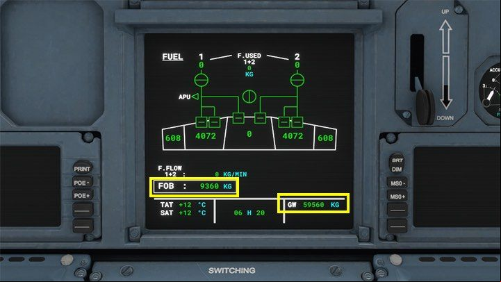 Fuel on Board FOB and Gross Weight GW (TOW in MCDU) can be checked on the central system monitor and corrected if necessary - Microsoft Flight Simulator: How to program MCDU on-board computer? - enger aircraft - Microsoft Flight Simulator 2020 Guide