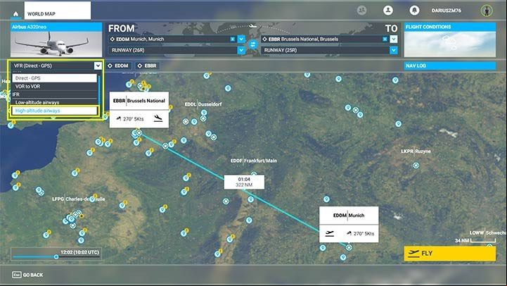 In this field, change the route type from direct to high-Altitude Airways - Microsoft Flight Simulator: How to create enger aircraft flight plan? - enger aircraft - Microsoft Flight Simulator 2020 Guide