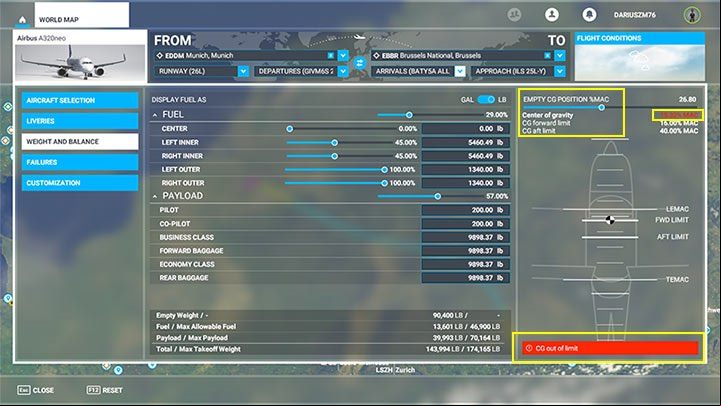 If the MAC Center of gravity distribution is Red, use the slider at the top to better distribute the weight of the cargo on board - Microsoft Flight Simulator: How to create enger aircraft flight plan? - enger aircraft - Microsoft Flight Simulator 2020 Guide