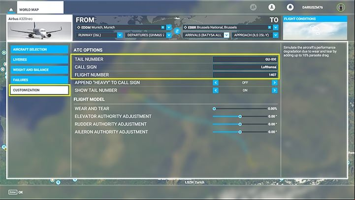 Finally, you can go to the aircraft customization tab and change the data that the controller will call us from the tower - Microsoft Flight Simulator: How to create enger aircraft flight plan? - enger aircraft - Microsoft Flight Simulator 2020 Guide