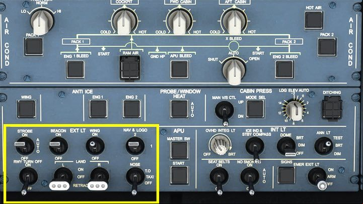 Section EXT LT is exterior lighting - Microsoft Flight Simulator: Cockpit of a enger aircraft - enger aircraft - Microsoft Flight Simulator 2020 Guide