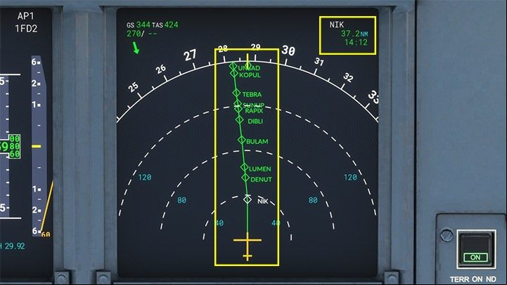 On the ND Navigation Display, the most important is the route of the flight and displayed in the upper right corner of the nearest navigation point with the distance to it - Microsoft Flight Simulator: Cockpit of a enger aircraft - enger aircraft - Microsoft Flight Simulator 2020 Guide