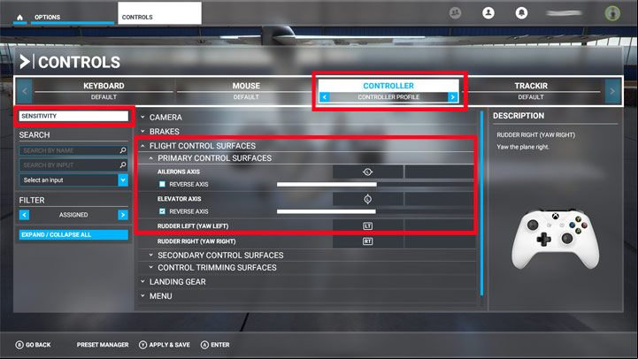 In the sensitivity menu, reduce the LS X and LS Y sliders by about 50 percent - Microsoft Flight Simulator: Keybinds/Controls - PC, Xbox One - Appendix - Microsoft Flight Simulator 2020 Guide