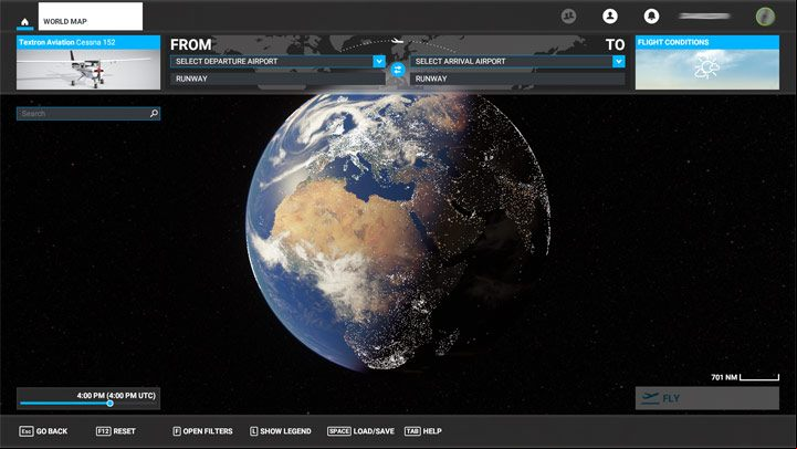 The World Map mode not only allows you to select any spot on the globe as a starting point, but to plan a precise long flight route with additional waypoints - Microsoft Flight Simulator: Game modes - Basics - Microsoft Flight Simulator 2020 Guide