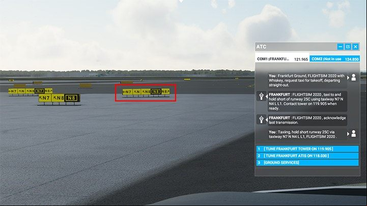 The taxi lane can be also easily recognized from inside of the pilots cabin - Microsoft Flight Simulator: Taxi to the runway - Advanced Flying - Microsoft Flight Simulator 2020 Guide