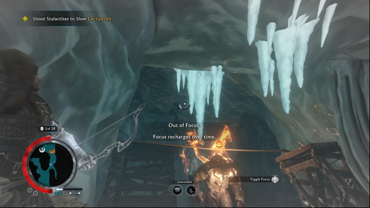 Shoot down stalactites to slow down the Balrog. - Shadow of War: Frozen Flame - Walkthrough - Act 2 - Rise to Power - Middle-earth: Shadow of War Game Guide