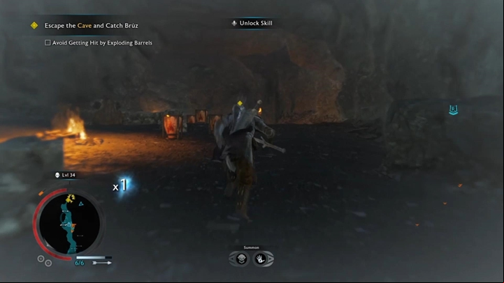 Get around the barrels and run for the exit. - Shadow of War: A Sighting - Walkthrough - Act 2 - Rise to Power - Middle-earth: Shadow of War Game Guide