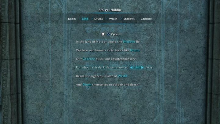 Available words: Doom, Land, Drums, Wrath, Shadows, Cadence - Shadow of War: How to open all Ithildin doors (poems)? - FAQ - Middle-earth: Shadow of War Game Guide