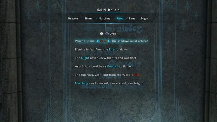 Available words: Beacons, Shines, Marching, Rises, Fires, Night - Shadow of War: How to open all Ithildin doors (poems)? - FAQ - Middle-earth: Shadow of War Game Guide