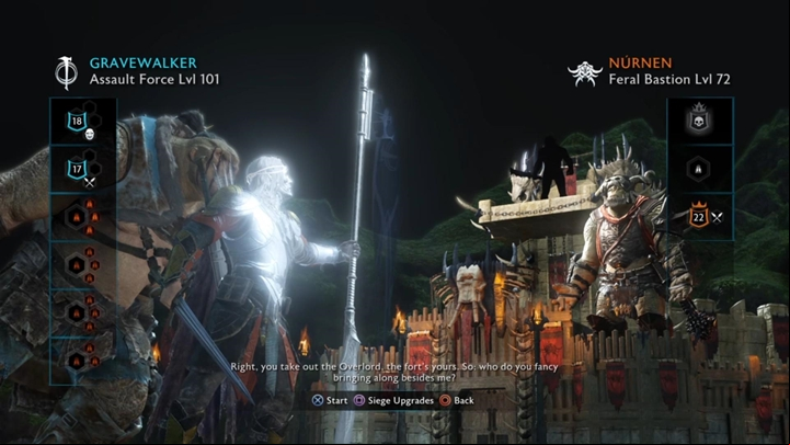 Choose allies that will you in the assault and buy some upgrades. - Shadow of War: Siege of Nurnen - Walkthrough - Act 2 - Rise to Power - Middle-earth: Shadow of War Game Guide