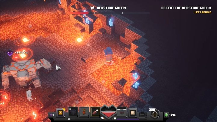 You can move through the whole arena but keep in mind that most parts of it are covered in lava - Minecraft Dungeons: Redstone Golem boss fight walkthrough - Bosses - Minecraft Dungeons Guide