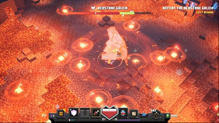 A great way to start the battle with this opponent is to get close to him quickly and inflict a lot of damage before he wakes up - Minecraft Dungeons: Redstone Golem boss fight walkthrough - Bosses - Minecraft Dungeons Guide