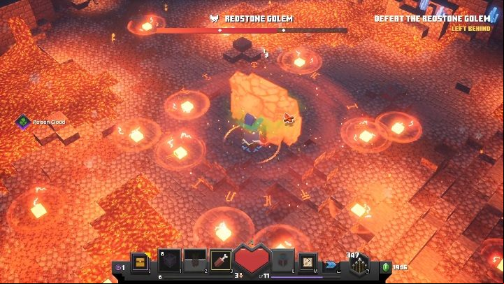 Fiery circles may appear around your opponent, which can cause a lot of damage - Minecraft Dungeons: Redstone Golem boss fight walkthrough - Bosses - Minecraft Dungeons Guide