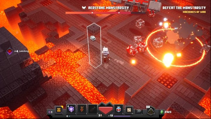 This opponent summons exploding enemies that run towards you in a large group, block your way and explode - Minecraft Dungeons: Redstone Monstrosity boss fight walkthrough - Bosses - Minecraft Dungeons Guide