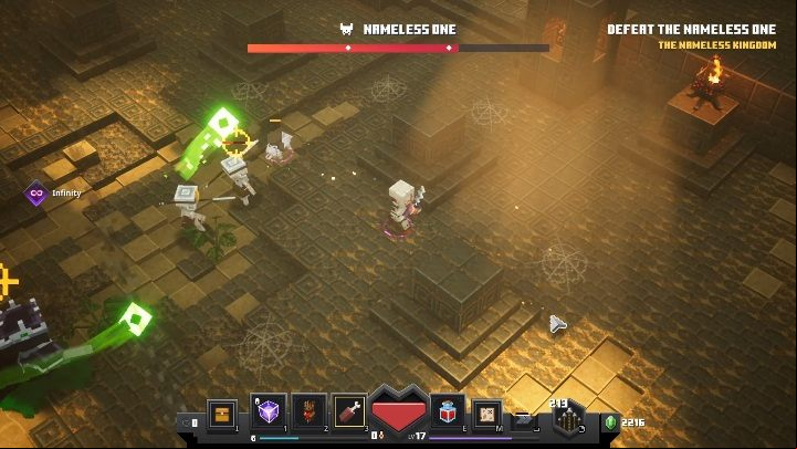 The boss may fire green projectiles at you, which he releases around his own axis - Minecraft Dungeons: Nameless One boss fight walkthrough - Bosses - Minecraft Dungeons Guide