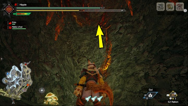 The tenth Rampage Old Message is underground, near area 11 - Monster Hunter Rise: Old Messages - Lava Caverns, collectibles, map - Lava Caves - Monster Hunter Rise Guide