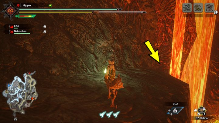 When you exit the corridor, go to the left - Monster Hunter Rise: Old Messages - Lava Caverns, collectibles, map - Lava Caves - Monster Hunter Rise Guide