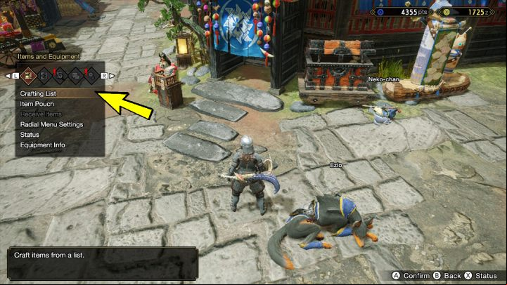 When you're in the village or hunting, press PLUS to open the menu - Monster Hunter rise: how to craft items? - Crafting - Monster Hunter Rise game guide