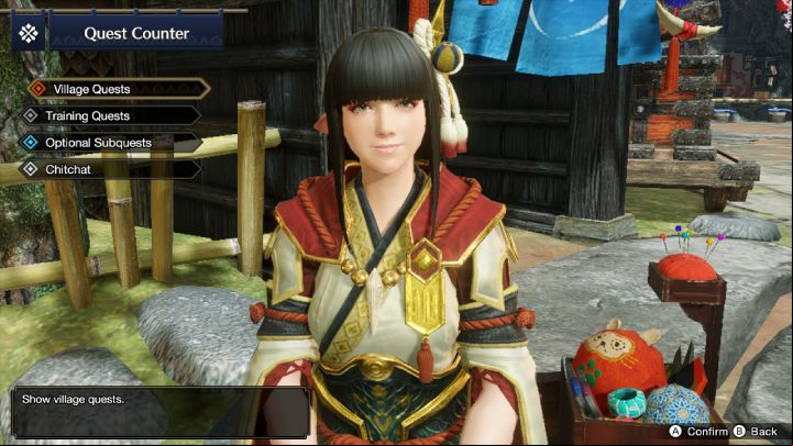 If you want to practice in the field, talk to the girl sitting on the red bench - Monster Hunter Rise: Begginers guide - Basics - Monster Hunter Rise game guide