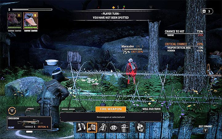 During the scouting, you can spot single enemies that are busy patrolling the area away from the main camp - Starting tips for Mutant Year Zero Road to Eden - Basics - Mutant Year Zero Road to Eden Guide