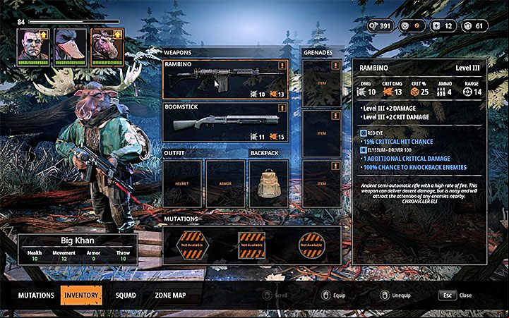 Big Khan has two very good weapons - a semi-automatic Rambino rifle and a Boomstick shotgun - Big Khan - new team member in Mutant Seed of Evil DLC - Game Guide - Mutant Year Zero Road to Eden Guide