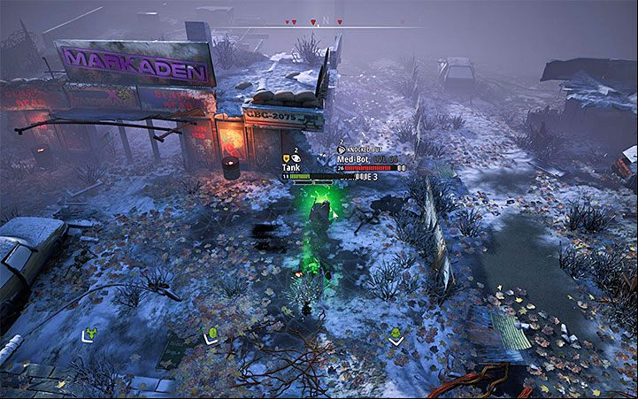 Unfortunately, a Med-Bot is in the upper right corner of the map - Hall Of Electric Coffins | World Atlas and walkthrough for Mutant Seed of Evil - World Atlas - Mutant Year Zero Road to Eden Guide