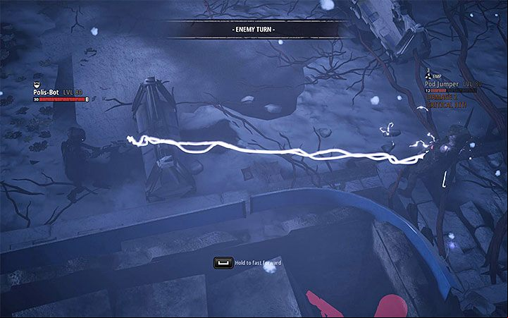 Polis-Bot and Polis-Bot Enforcer are on the opposite sides of the battlefield - The Frozen City | World Atlas and walkthrough for Mutant Seed of Evil DLC - World Atlas - Mutant Year Zero Road to Eden Guide