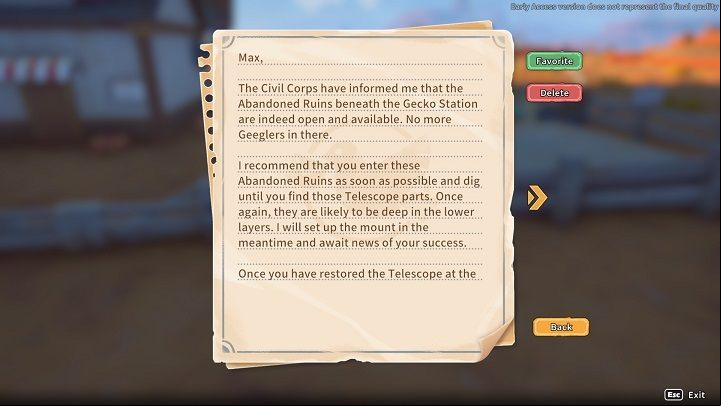 You unlock this quest by completing the In Trusses we Trust main quest and reading the letter from Civil Corps regarding the opening of the Gecko Station Ruins - My Time at Sandrock: A Window to the Cosmos - walkthrough - Side missions - My Time at Sandrock Guide, Walkthrough
