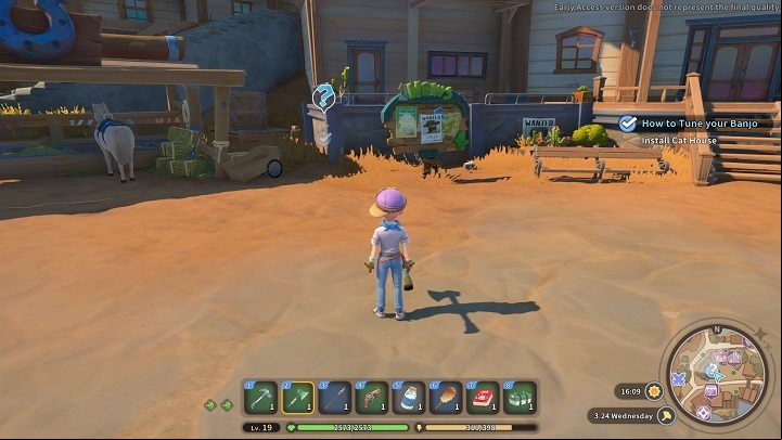 Go in front of the City Hall building on Martle's Squere, to the spot where you have to place the Cat House - My Time at Sandrock: How to Tune your Banjo - walkthrough - Side missions - My Time at Sandrock Guide, Walkthrough