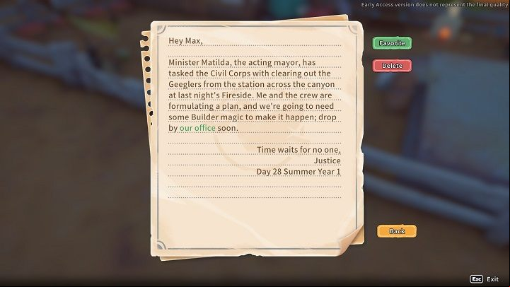 The quest will begin as you read a letter from Justice asking you to appear at the Civil Corps office - My Time at Sandrock: Operation De-Geeglate - walkthrough - Main missions - My Time at Sandrock Guide, Walkthrough
