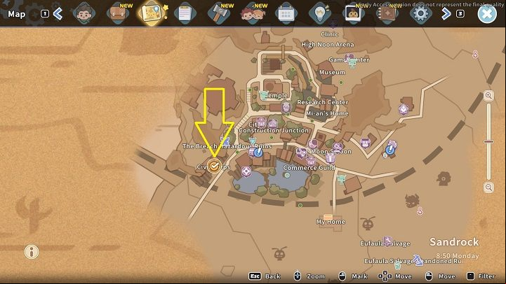 The Civil Corps office is located on the west side of town, a few steps south of The Breach - My Time at Sandrock: Operation De-Geeglate - walkthrough - Main missions - My Time at Sandrock Guide, Walkthrough