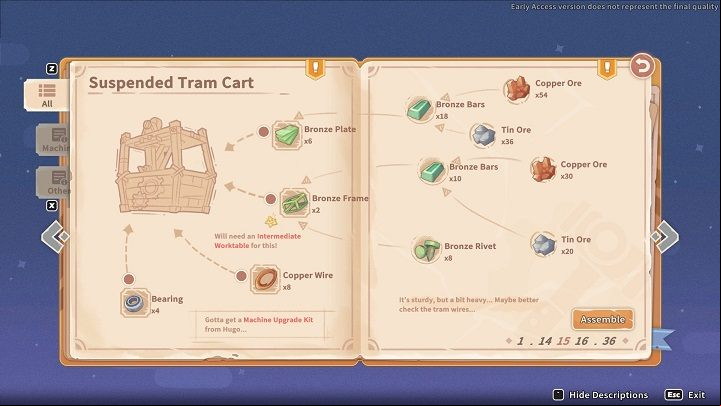 Approach the Assembly Station and select the Suspended Tram Cart diagram - My Time at Sandrock: Operation De-Geeglate - walkthrough - Main missions - My Time at Sandrock Guide, Walkthrough