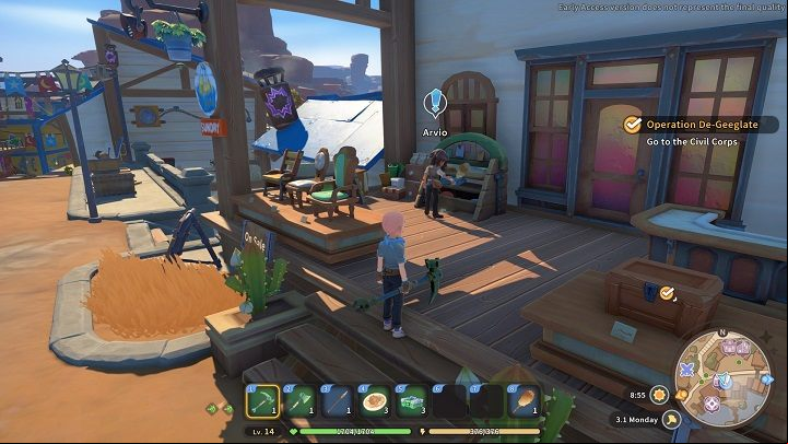 After delivering the package, return to Arvio - he's still in front of the General Store - My Time at Sandrock: Runner-Up - walkthrough - Side missions - My Time at Sandrock Guide, Walkthrough
